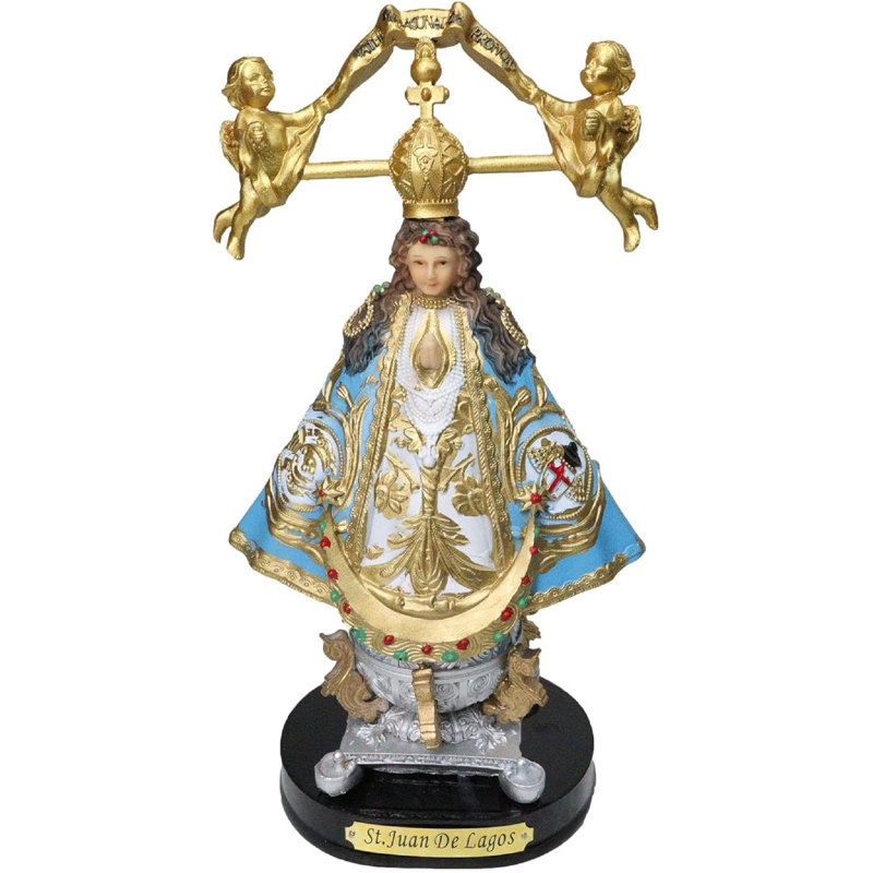 Figurine Notre Dame de San Juan De Los Lagos avec couronne d'or et anges 8 "H