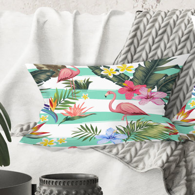 Tropical Botanicals, Flowers and Flamingo Lumbar Pillow