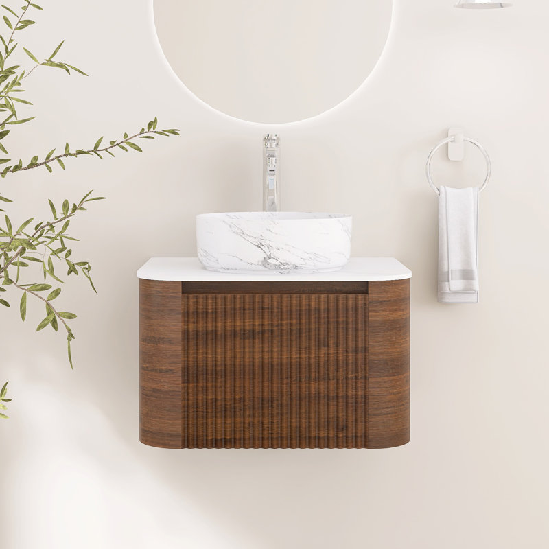 Meuble-lavabo mural cannelé 24 po avec lavabo vasque en céramique, tiroir et porte-serviettes, Walnut