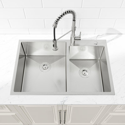 Évier surélevé en acier inoxydable 33 po x 19 po - Double cuve, prévient les dommages causés par l'eau aux armoires de cuisine sur comptoir, avec style et finition