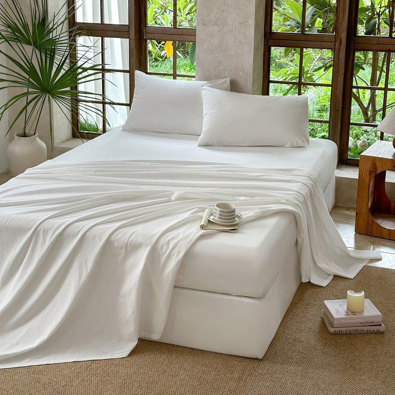 Ensemble de draps 4 pièces 100 % coton lavé : 1 drap plat, 1 drap-housse et 2 taies d’oreiller, White