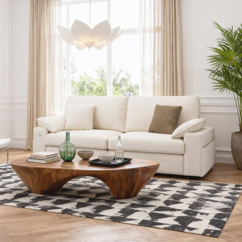 Solid Wood Frame Sofa with Storage Arms and UCB+Type-C Charging Ports, Beige