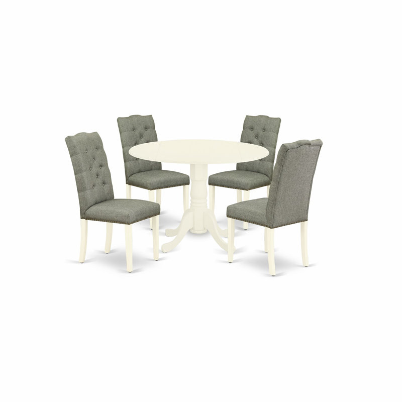 Ensemble de table de salle à manger 5 pièces comprenant une table ronde avec Dropleaf et 4 chaises Parson rembourrées en tissu gris, 42 x 42 pouces, blanc lin