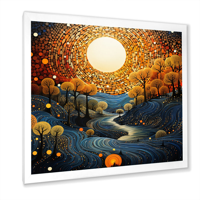 Jaune sarcelle, montagne, pointillisme, montagne - impression, Cadre simple blanc, H 16 po x l 16 po x P 1 po