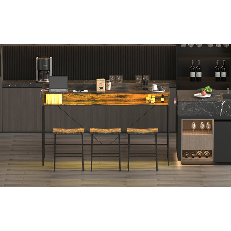 Table de salle à manger 59 po avec accoudoirs de type C et de charge, DEL, 3 tabourets de selle, 4 pièces pour le coin cuisine de catégorie E1, support en forme de «V», prise électrique 59 po, 4 chaises, style double couche