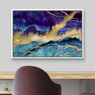 Mauve, or, sarcelle, marbre, paysage, formes abstraites, moderne, sur toile