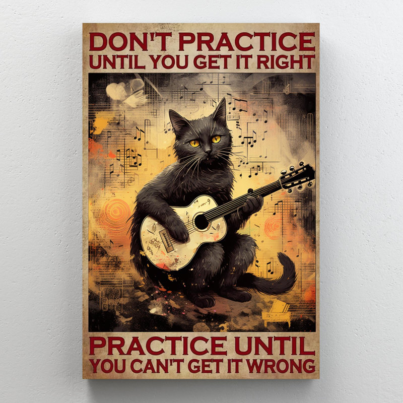 Kinelski, chat noir jouant de la guitare, ne pratique pas - 1 pièce, impression sur toile tendue sur toile tendue