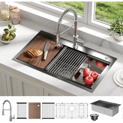 Drop in Kitchen Sink with Pull Down Spring Faucet, 30x18x9 Inch Stainless Steel Single Bowl Workstation Sink with Accessories for Kitchen(Black)