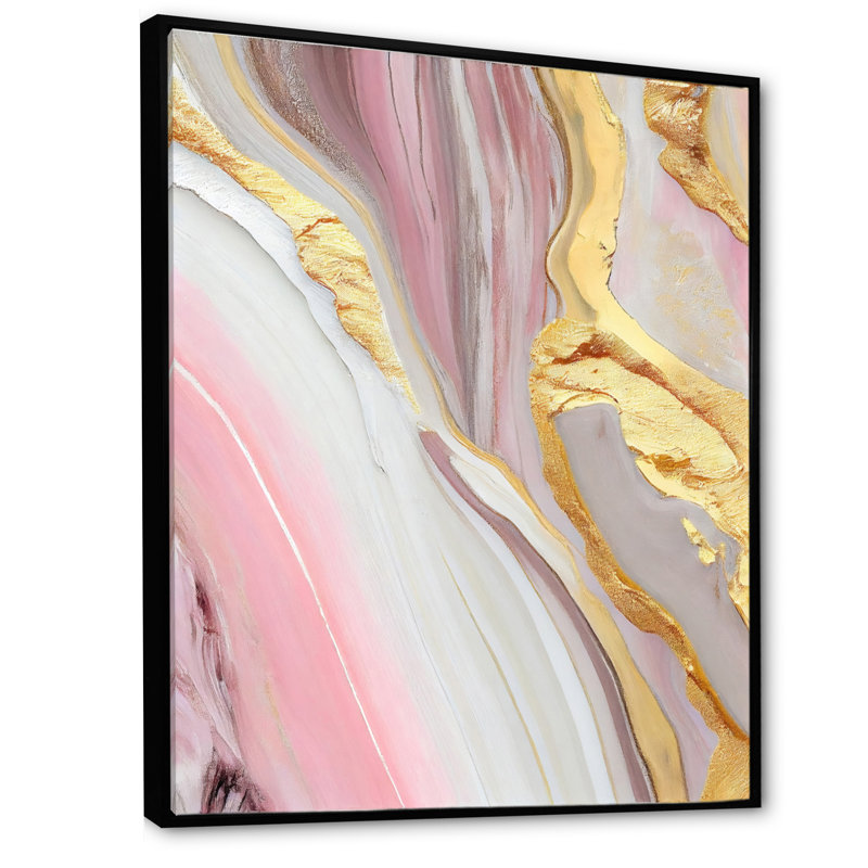 Rose et marbre doré abstrait III - art mural abstrait en marbre, H 40 po x l 30 po x P 1,5 po, Toile avec cadre flottant noir