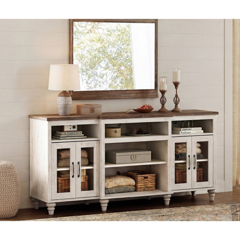 Meuble télé 69,8 po avec rangement Scarlett, Blanc rustique / noyer