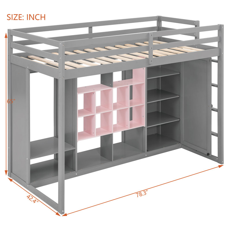 Lit mezzanine simple pour enfants avec garde-robe, Rose / Gris