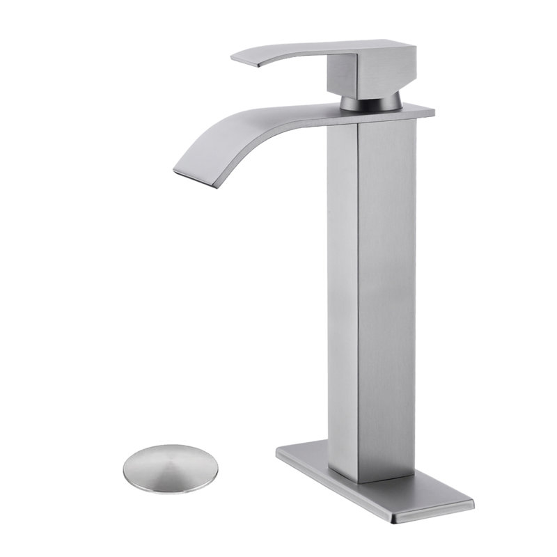 Robinet de lavabo de salle de bain à poignée simple avec bonde escamotable Waterfall, Nickel brossé