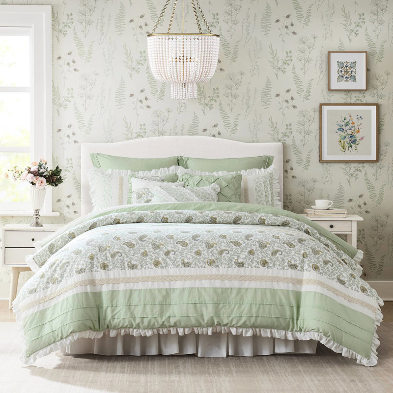 Édredon en coton 9, très grand, très grand lit floral sauge, aspect