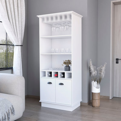 Updated White Bar Cabinet For Effective Storage - 3 Shelves, 5 Bottle , Glassware Placement Modern With Practical Features Display
