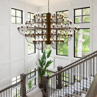 Large Black Farmhouse Chandelier, Modern Candle Chandeliers Round Rustic High Ceiling Pendant Light For Dining Room Living Room Entryway Foyer