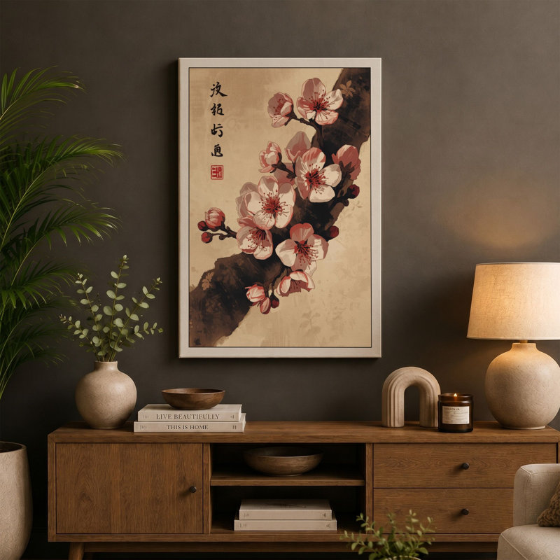 Spring Blossom Branch Japandi - Wrapped Canvas, 24x16 - 61.0 x 40.6 cm, Terracotta Border