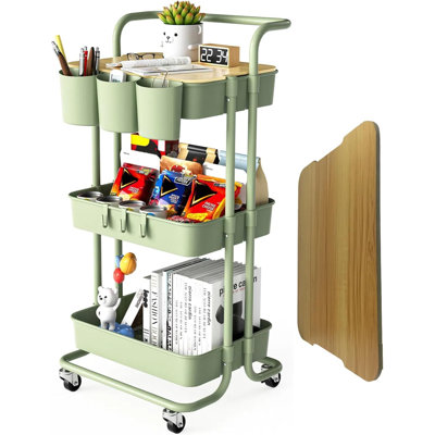 3 Tier Rolling Cart with Metal Handle, Table Top, Hanging Cups, Hooks, Plastic Storage Baskets& Wheels Lockable