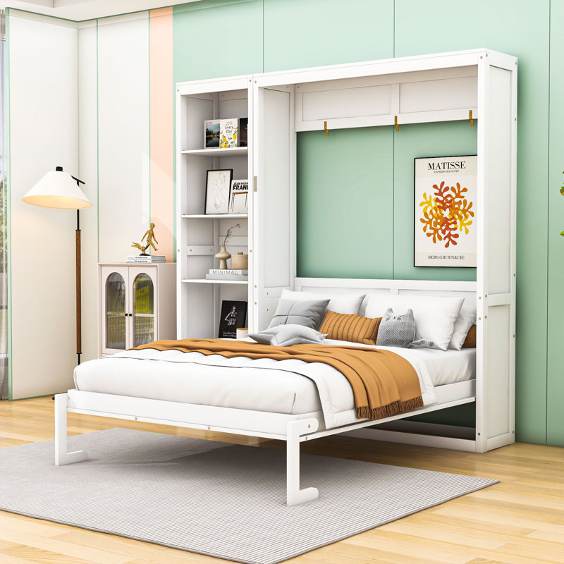 Lit escamotable avec tablettes Mcfeeters, Double, Blanc