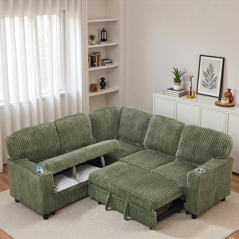 L-shaped Sectional Sofa Bed With Pull-out Bed, Storage, Usb Charging And Cup Holders
