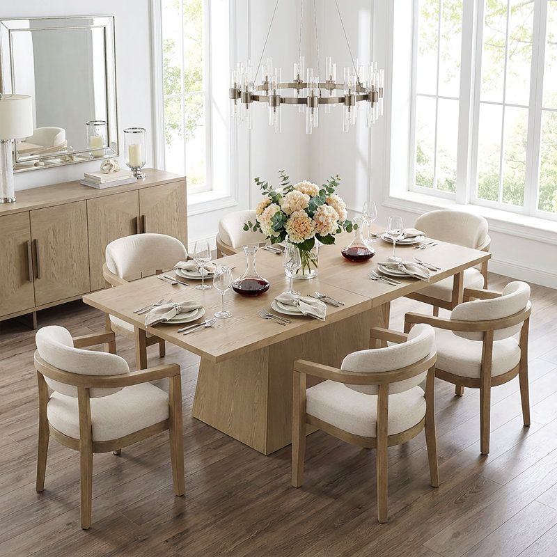 Ensemble de table de salle à manger en bois massif 7 pièces avec chaises rembourrées Declan, Frêne clair