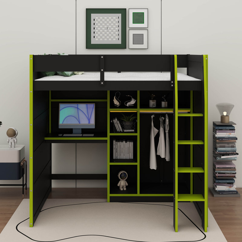 Full Size Wooden Gaming Loft Bed Featuring Desk, Storage Shelves & Built-In Ladder, Equipped With Storage Closet, Green