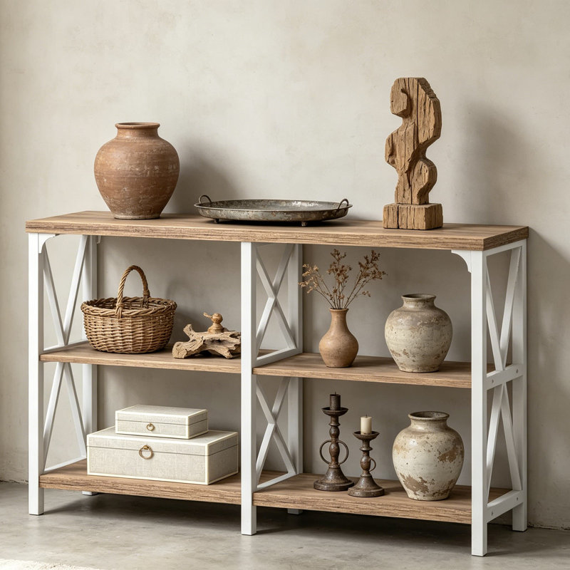 Table d'entrée de ferme avec tablettes de rangement, console de télévision industrielle, table de canapé en métal rustique, table de couloir de vestibule moderne pour le salon, chêne blanc et rustique