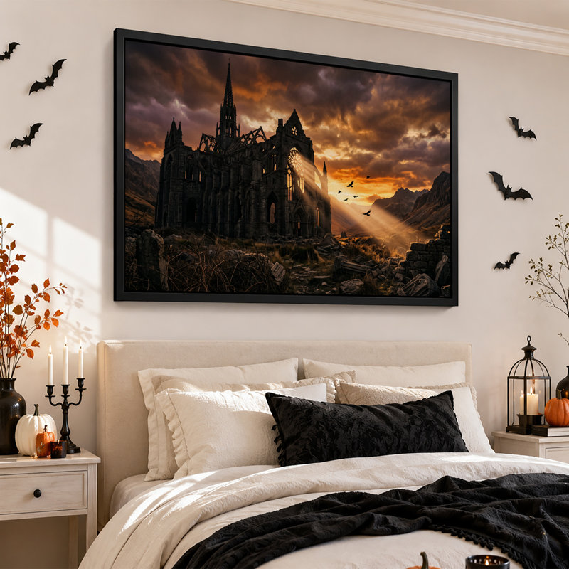 Cathédrale gothique en ruines baignée de rayons de soleil pour l'Halloween - Toile murale, 12"H x 18"W