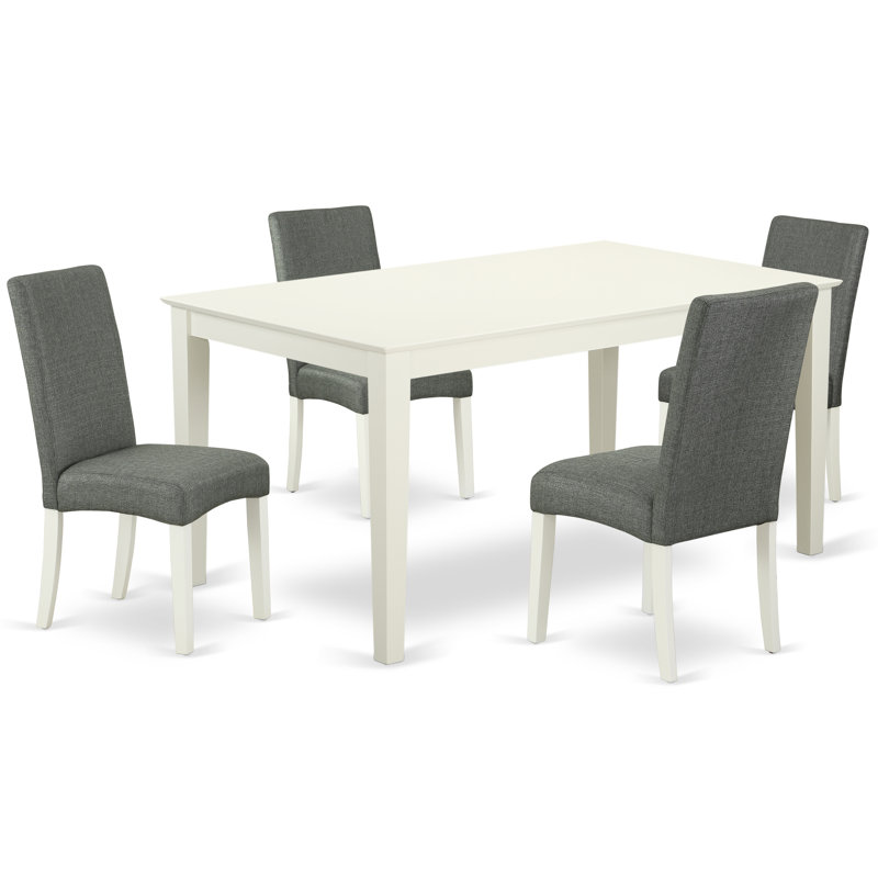 Ensemble de table de salle à manger 5 pièces pour 4 personnes comprenant une table de cuisine rectangulaire et 4 chaises de salle à manger Parsons en tissu gris, 36 x 60 pouces, blanc lin