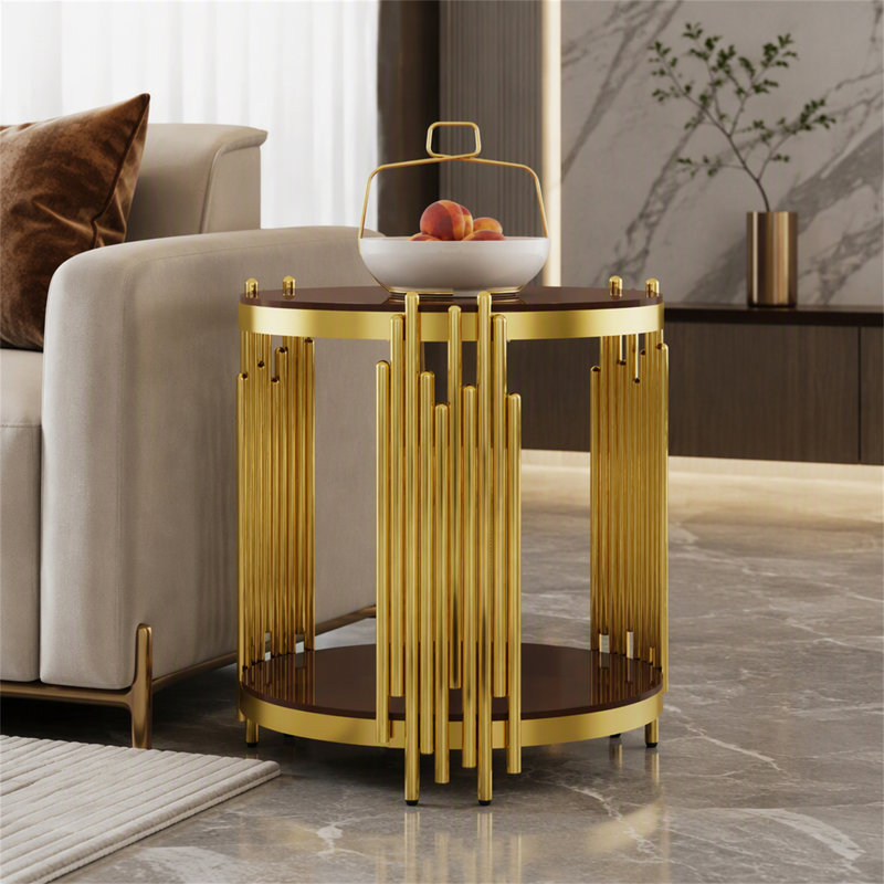 Table de bout de luxe moderne dorée 19,69 pouces avec verre trempé brun de 8 mm et pieds en acier inoxydable pour le salon