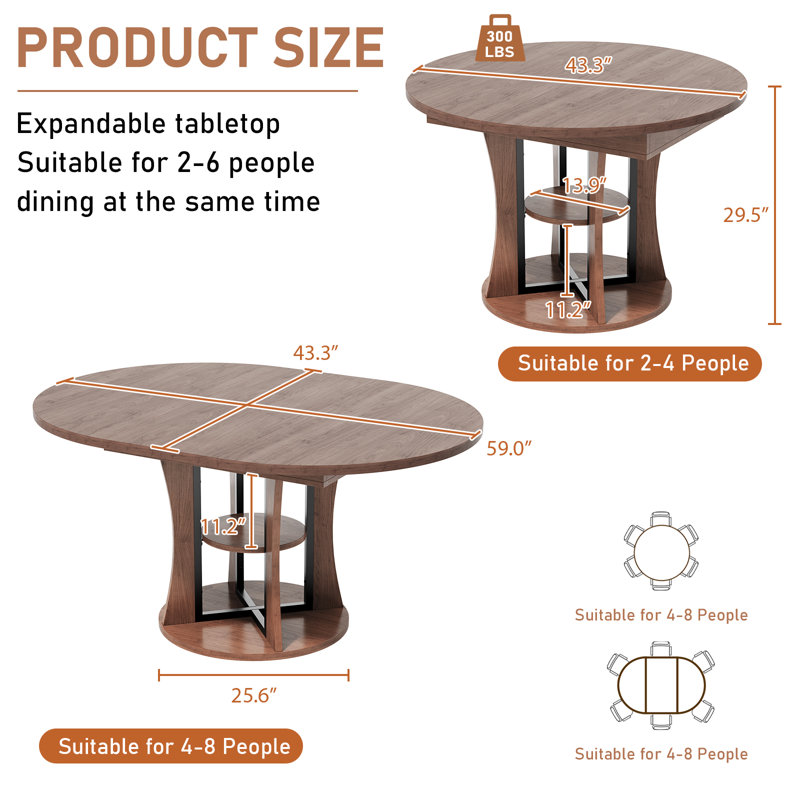 Table de salle à manger extensible de 44 po pour 4 à 8 personnes, table de salle à manger ronde avec panneau de fibres à densité moyenne résistant aux égratignures, table de cuisine moderne avec glissement et rangement silencieux, table de salle à manger, noyer