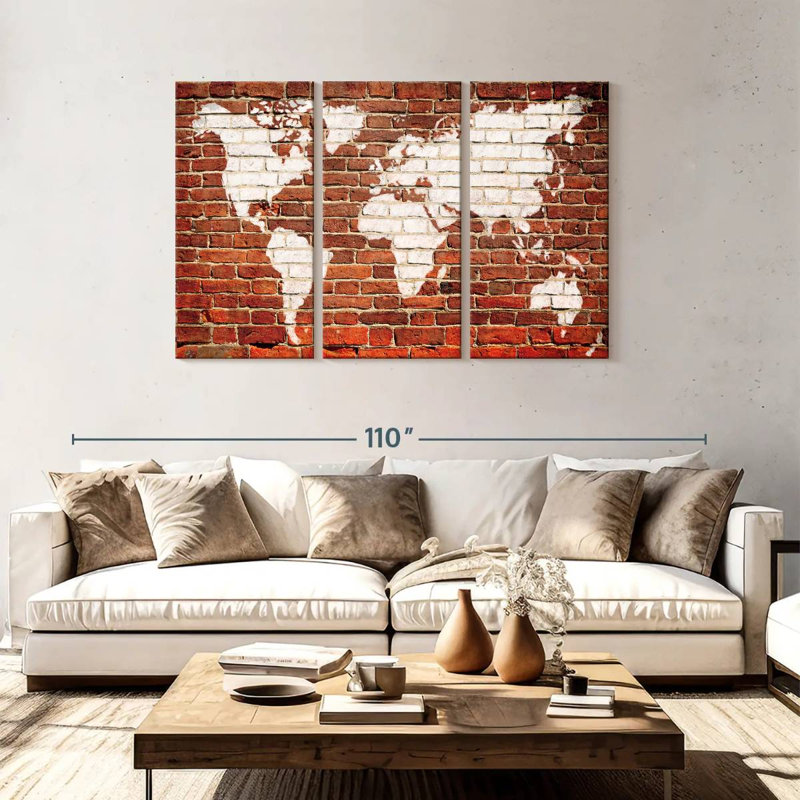 Carte du monde sur la brique Aliaz, H 48 po x l 74 po