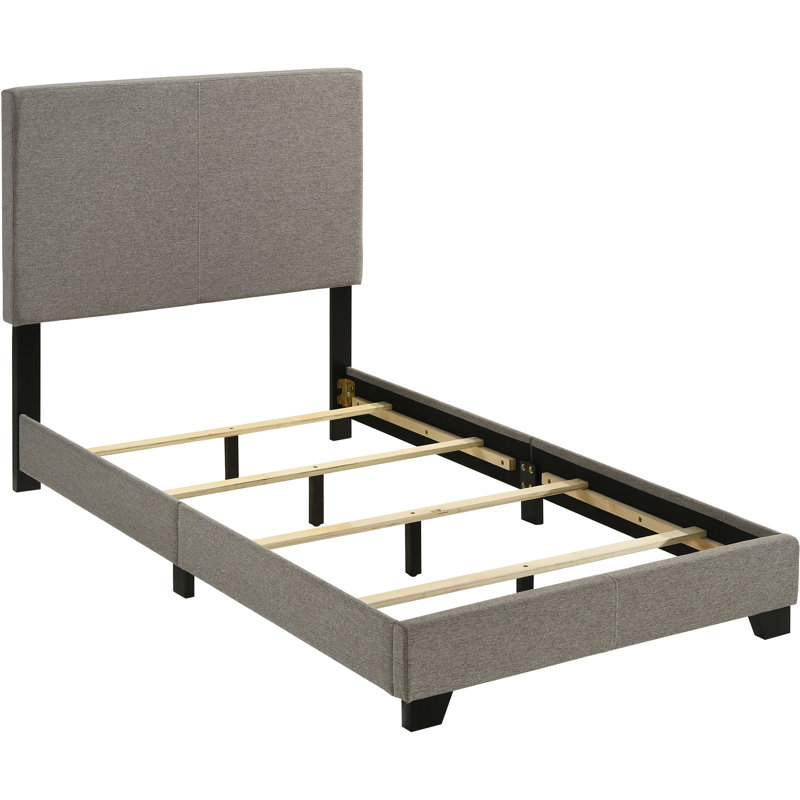 Lit simple tapissier taupe, tête de lit rembourrée, bois d'hévéa et mousse, pieds en bois massif, idéal pour la chambre à coucher