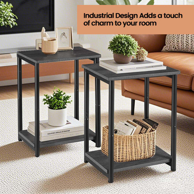 Set Of 2 Side Tables, 2-Tier Sofa Side Tables, Bedside Tables With Steel Frames, For Living Room, Bedroom, Home Office, Industrial Style