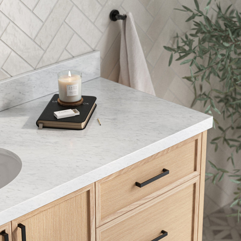 ARIEL Kelly 49 Single Sink Bathroom Vanity with Italian Carrara Marble Top, Rectangular, Oak, 55"