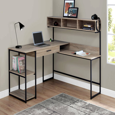 Bureau d'ordinateur, bureau personnel, coin, tiroirs de rangement, forme de L, bureau, ordinateur portable, stratifié brun, métal noir, contemporain, moderne