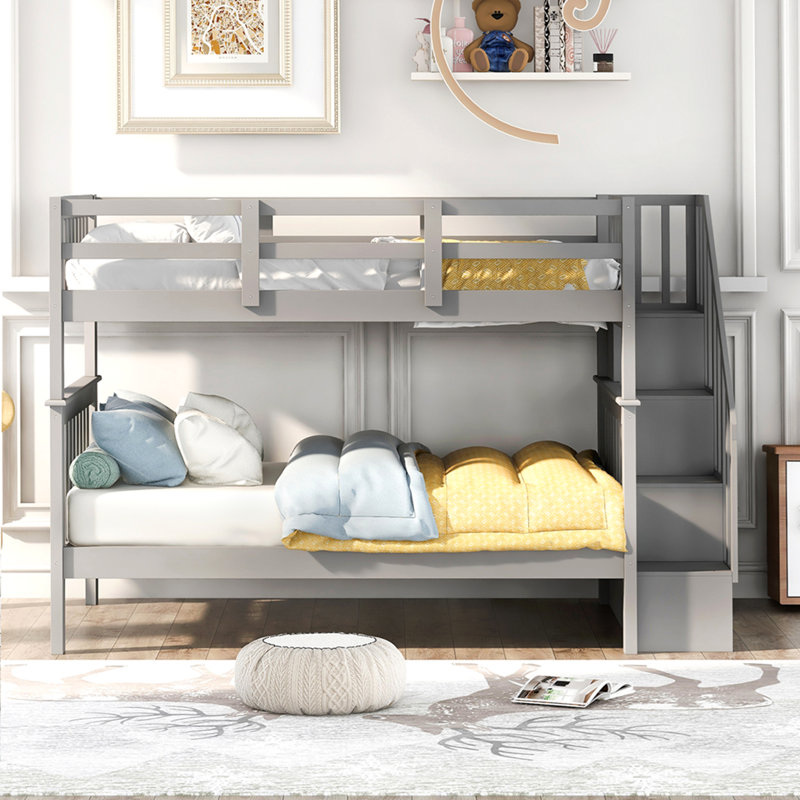 Lit superposé en escalier avec rangement et garde-corps pour chambre à coucher, dortoir, gris, Gris