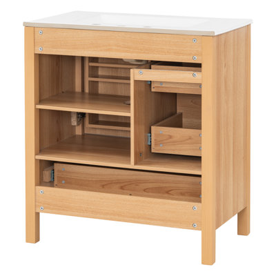 Meuble-lavabo 30 po à grain de bois avec lavabo en céramique, pieds en bois massif, tiroirs à fermeture en douceur et tablette réglable