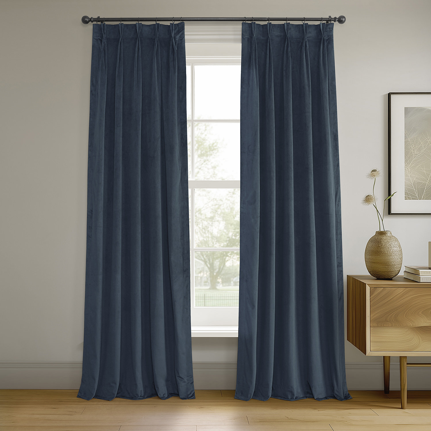 Balone Velvet French Pleat Blackout Curtain, 25" W x 96" L, Midnight Blue