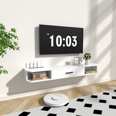 Meuble télé flottant, meuble télé mural de 55 po, tablettes flottantes avec porte, console multimédia pour lecteur DVD, tablette sous le téléviseur peu encombrante pour la chambre à coucher et le salon (chêne)