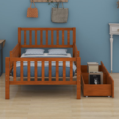 Wood Platform Bed With Guardrails On Both Sides And Storage Drawers