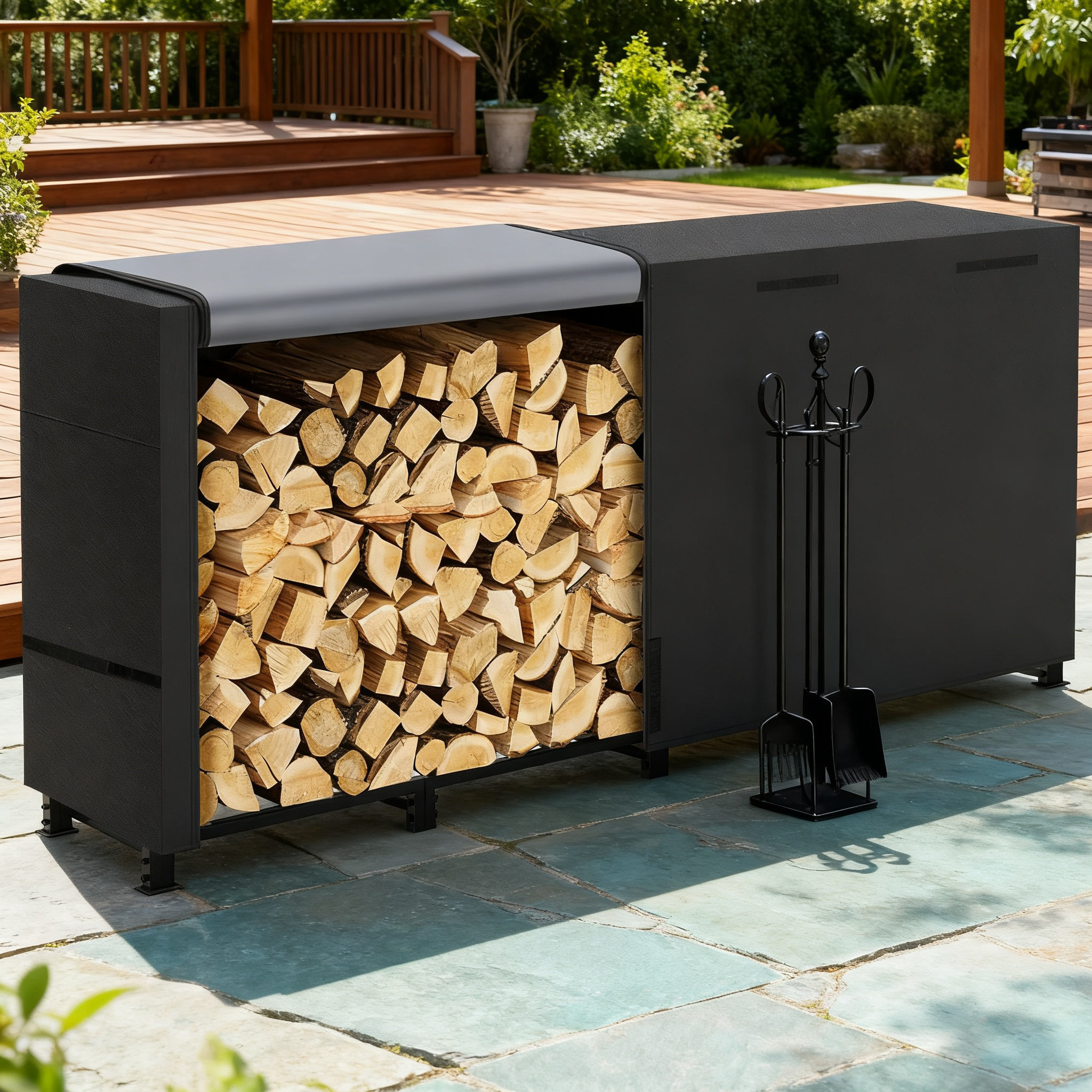 Heavy Duty 8Ft Outdoor Firewood Rack With Waterproof Cover, 2 Lateral Support Rods, Powder-Coated Steel Frame, Carrier Bag And Tool Hooks For Secure Wood Storage
