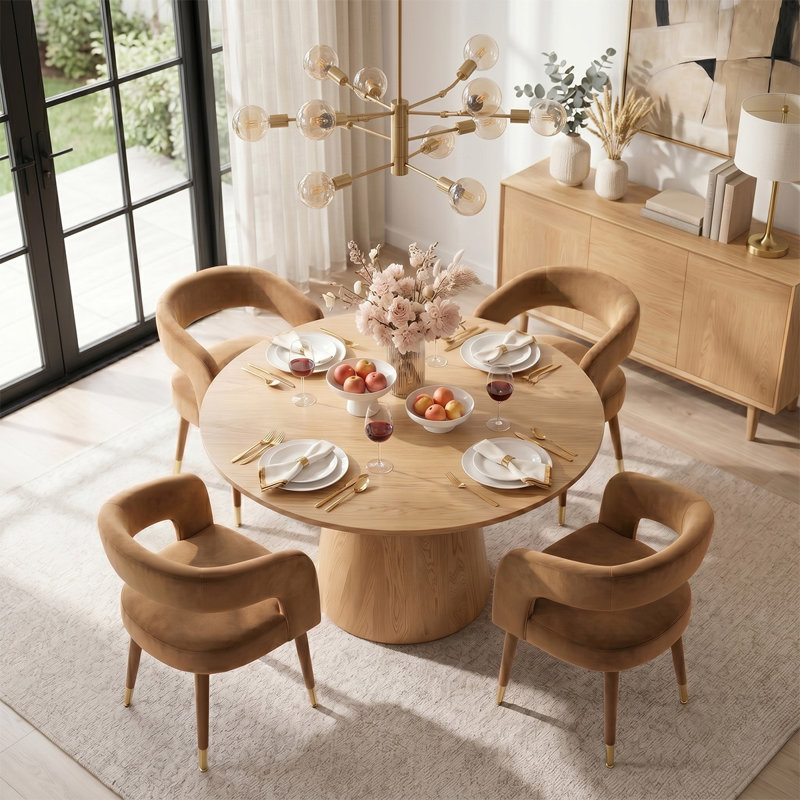 Ensemble de salle à manger moderne 46 po avec 4 fauteuils demi-tonneau en chenille, Oak, Camel