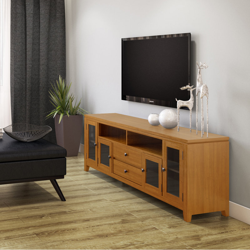 Transitional Solid Pine TV Stand in Light Golden Brown with Storage