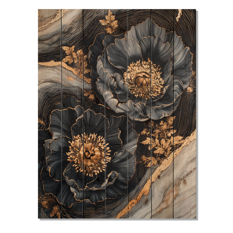 Or doré pivoines géode pierre II - décorations murales en bois pivoines - sur bois de pin naturel