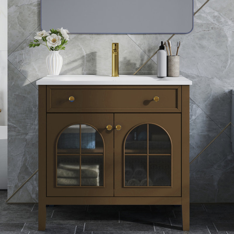 Ensemble de meuble-lavabo Mid-Century 36 "avec bande lumineuse à capteur de mouvement, Marron foncé