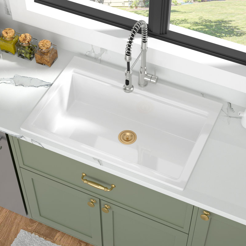 Évier de cuisine encastré en argile réfractaire blanche 33 po avec accessoires dorés