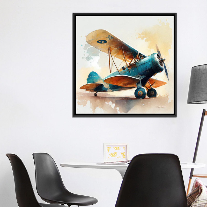 Aquarelle, avion rétro I, Toile avec cadre flottant noir, H 37 po x l 37 po x P 1,5 po