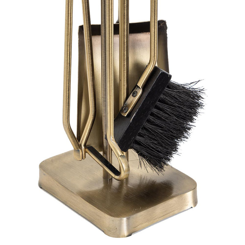 Modern Ember Levi 5 Piece Fireplace Tool Set in Wood Handles, Aged Brass