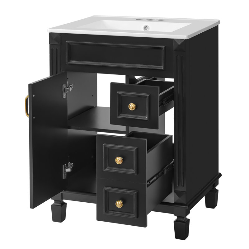 Meuble-lavabo moderne de 24 pouces avec lavabo en céramique, 2 tiroirs et tablette réglable, Black