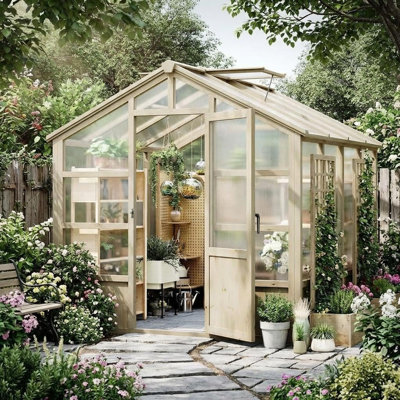 Serre en bois robuste pour le jardin, cadre en cèdre avec évent réglable et porte verrouillable, polycarbonate de 6 mm pour l'extérieur